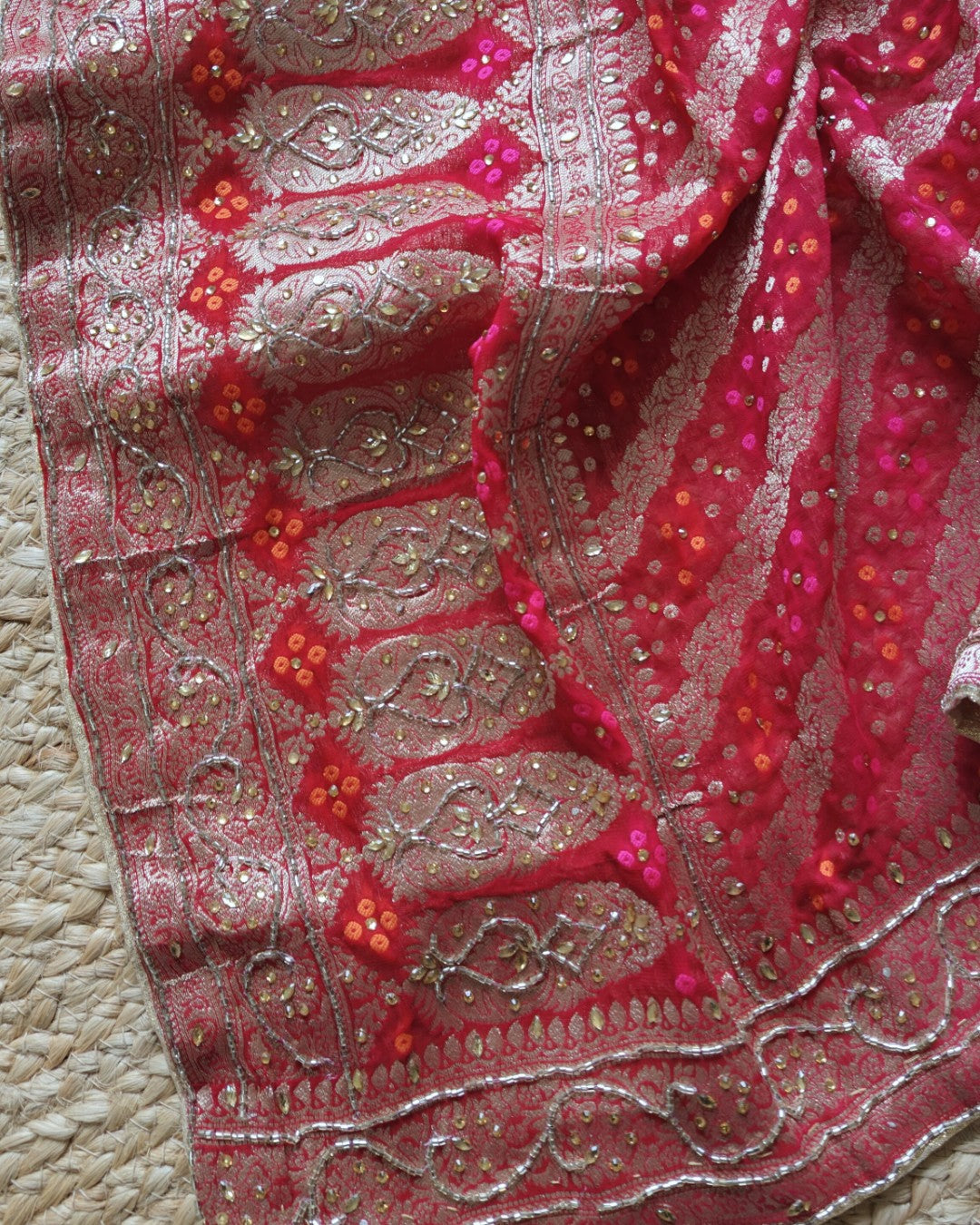 Partywear Gold kurta with Red dupatta unstitched suit set