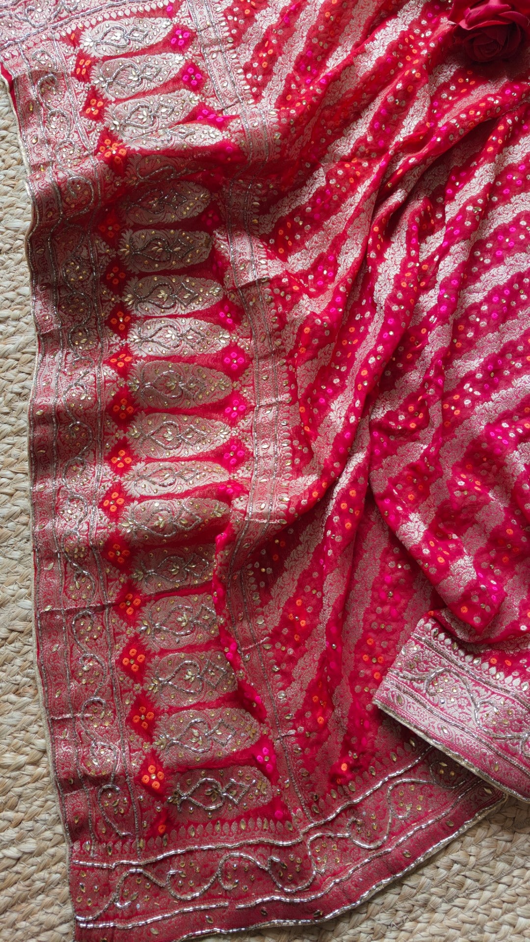 Partywear Gold kurta with Red dupatta unstitched suit set