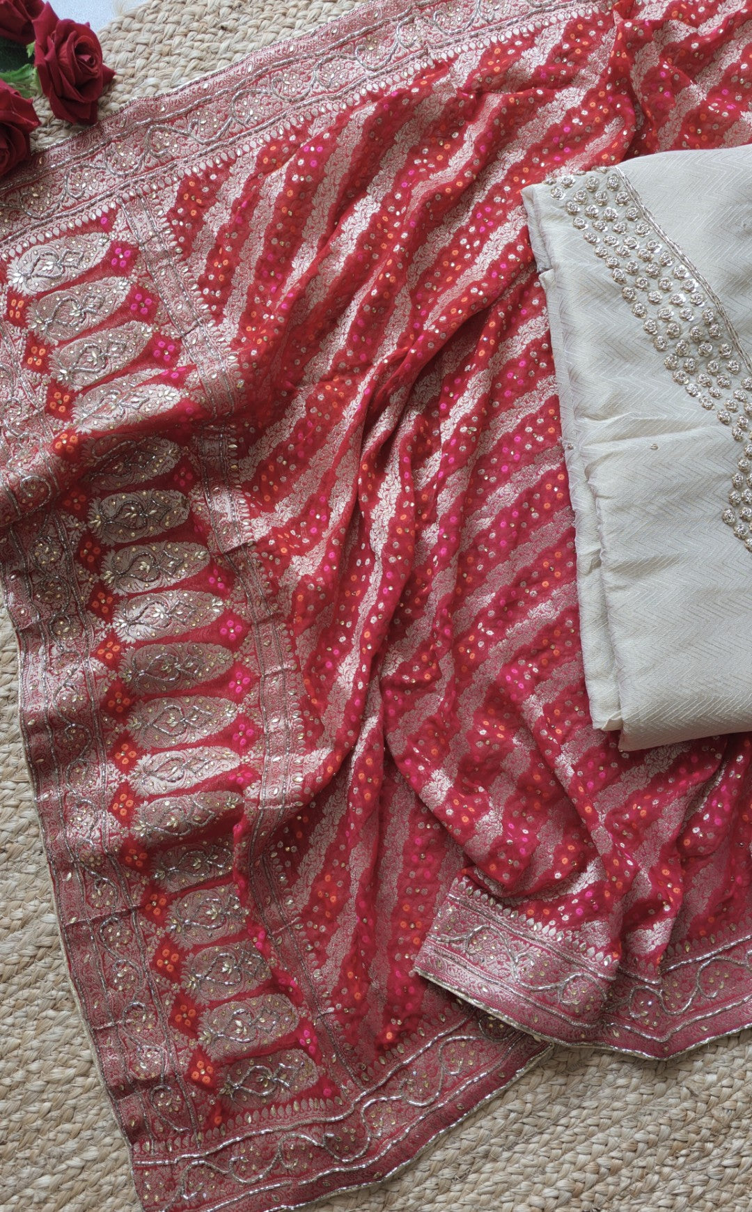 Partywear Gold kurta with Red dupatta unstitched suit set