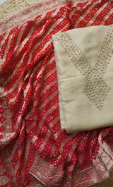 Partywear Gold kurta with Red dupatta unstitched suit set