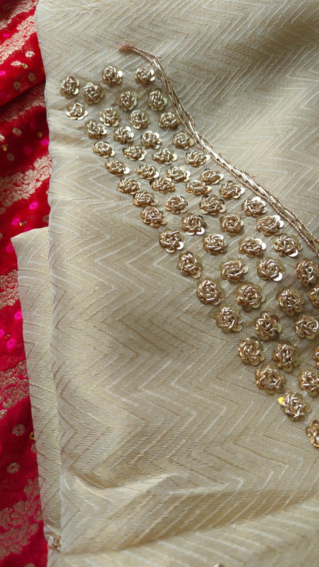 Partywear Gold kurta with Red dupatta unstitched suit set