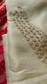 Partywear Gold kurta with Red dupatta unstitched suit set