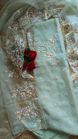 Greenish Parsi Embroidery unstitched suit