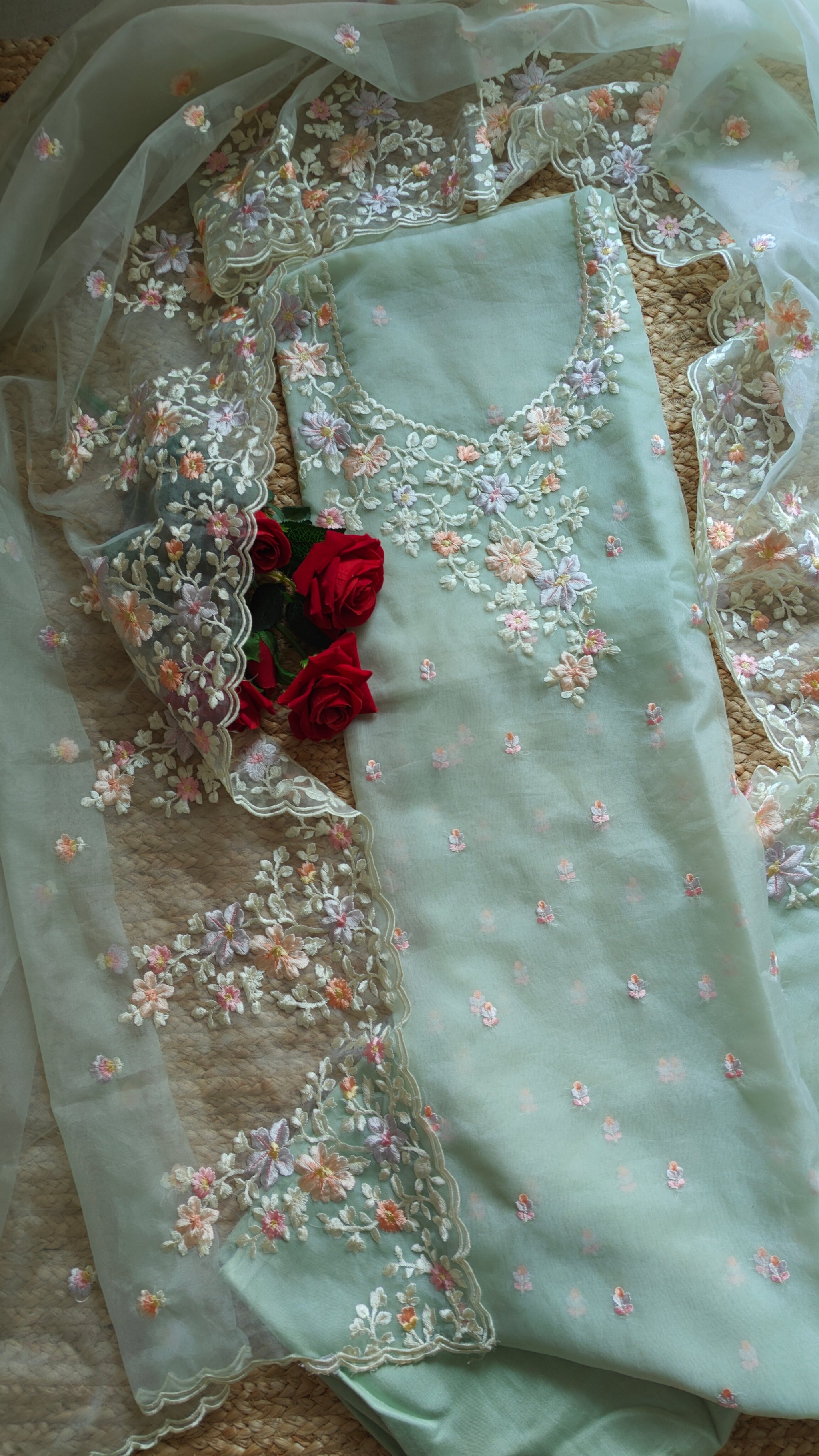 Greenish Parsi Embroidery unstitched suit