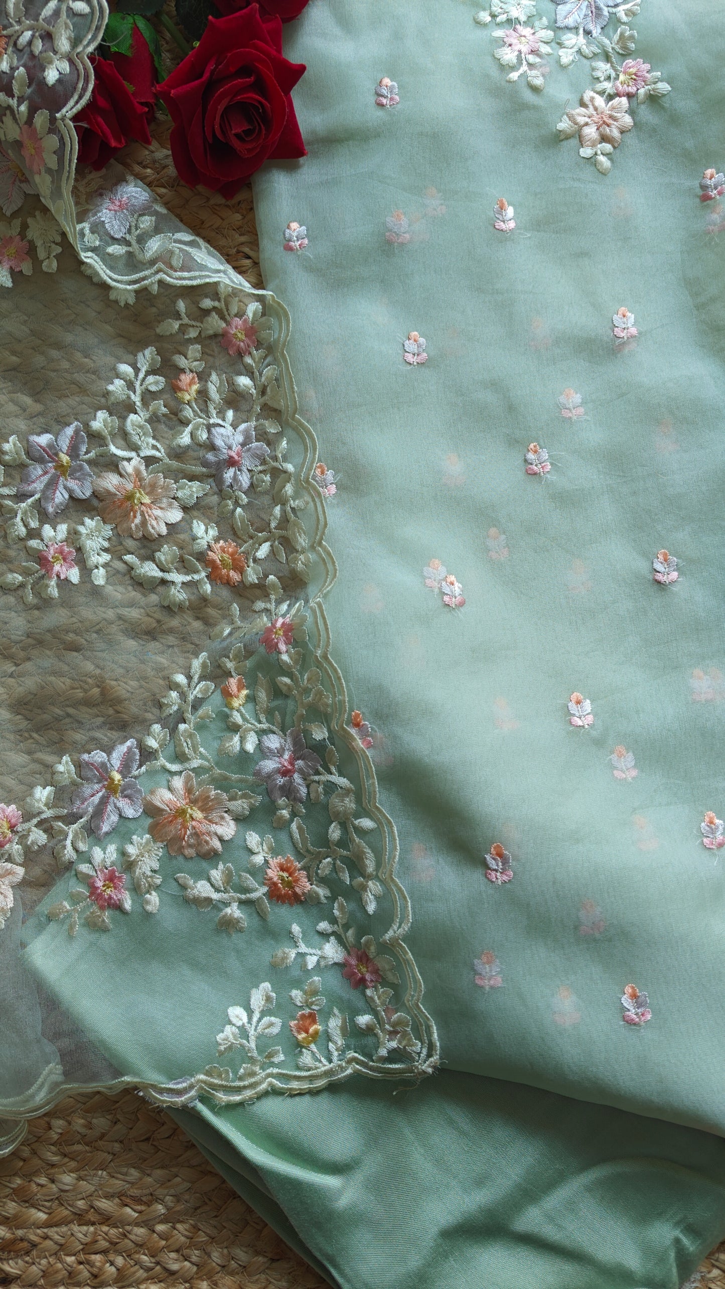 Greenish Parsi Embroidery unstitched suit