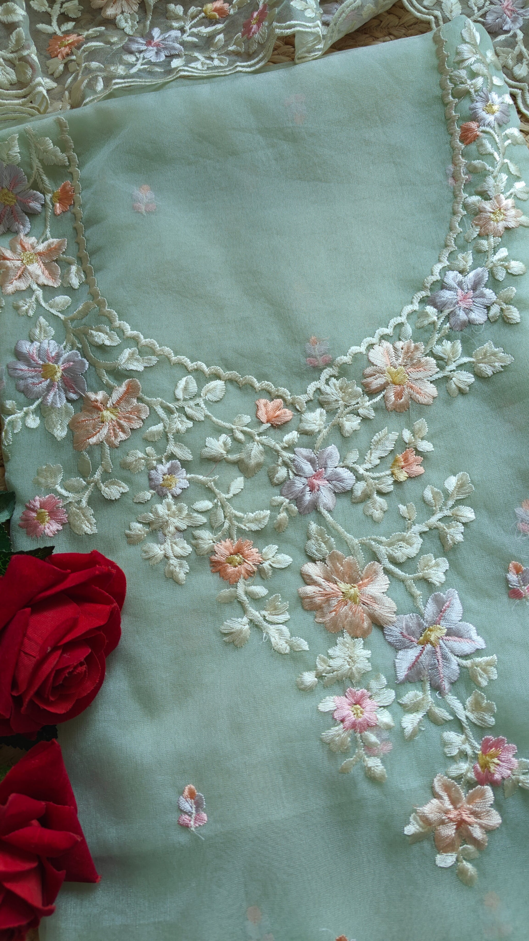 Greenish Parsi Embroidery unstitched suit