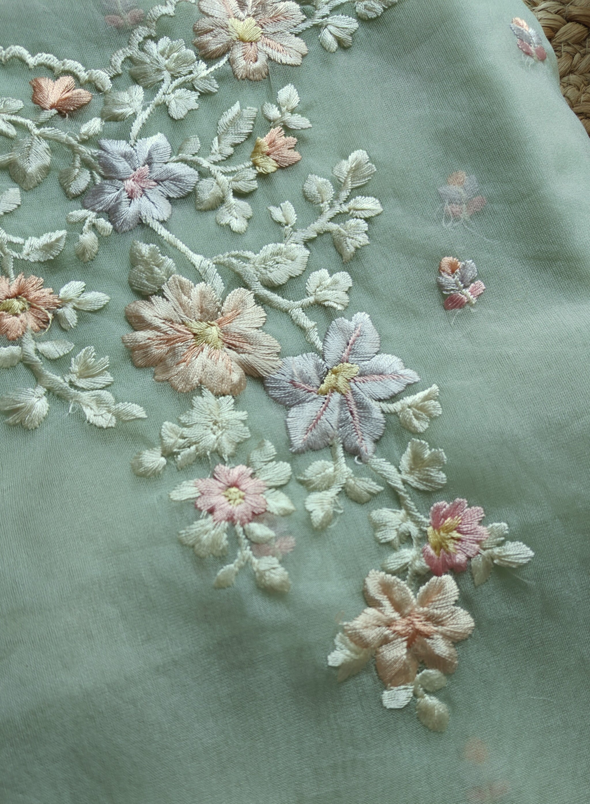 Greenish Parsi Embroidery unstitched suit