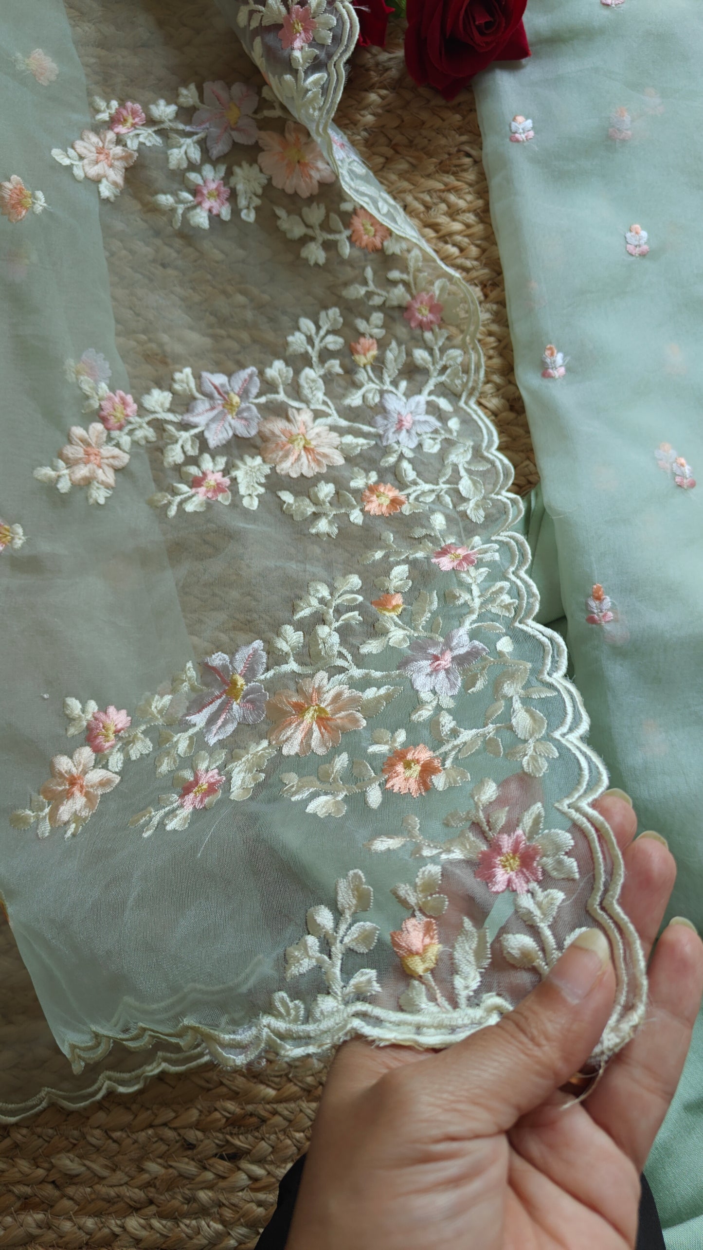 Greenish Parsi Embroidery unstitched suit