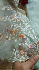 Greenish Parsi Embroidery unstitched suit