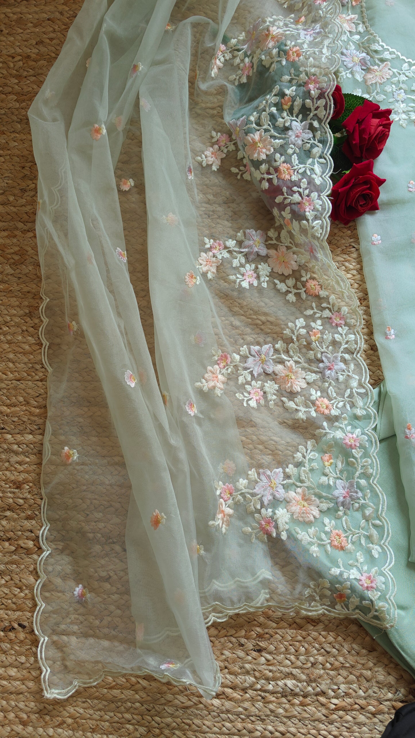 Greenish Parsi Embroidery unstitched suit