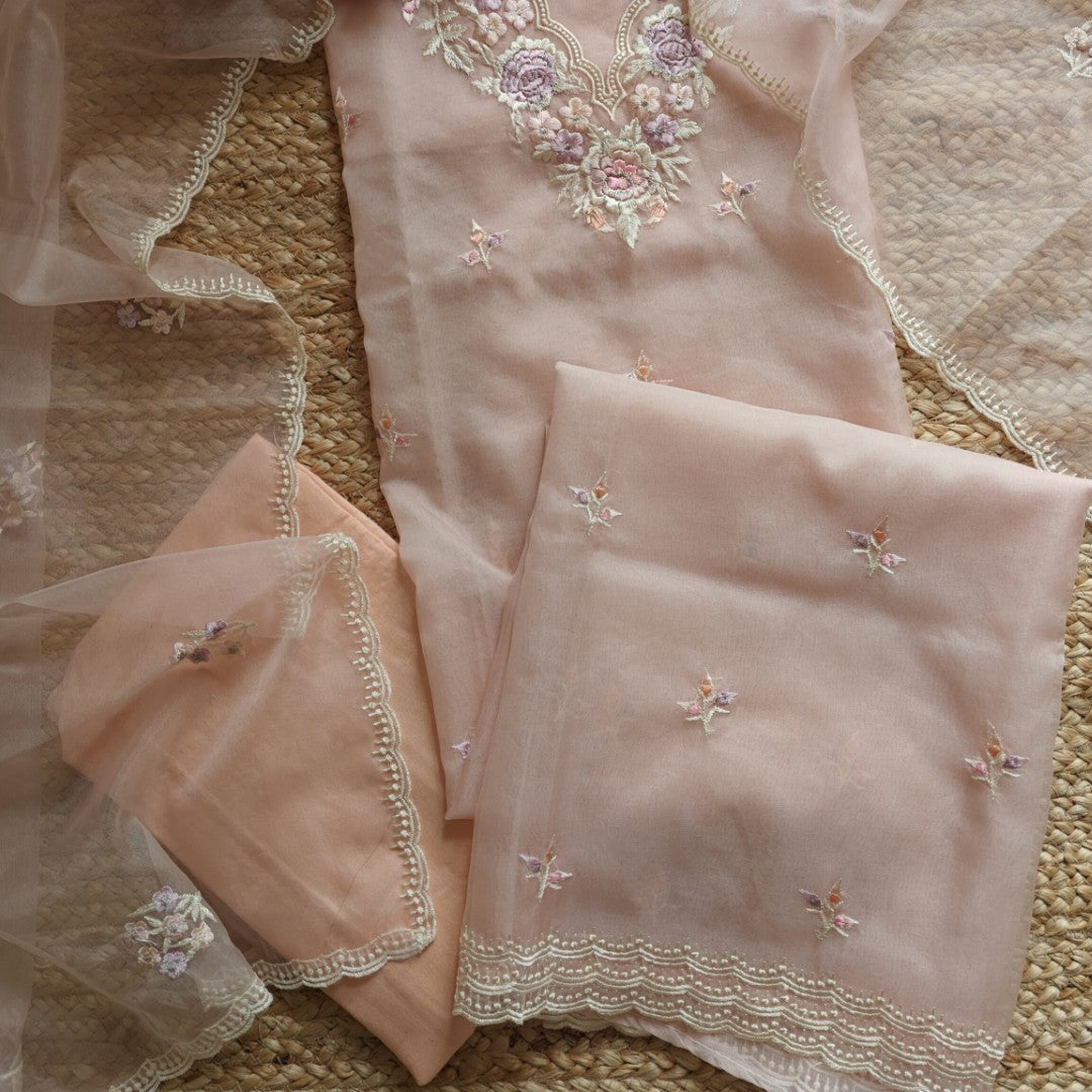Peachy Pink Parsi Embroidery Pure Organza unstitched suit