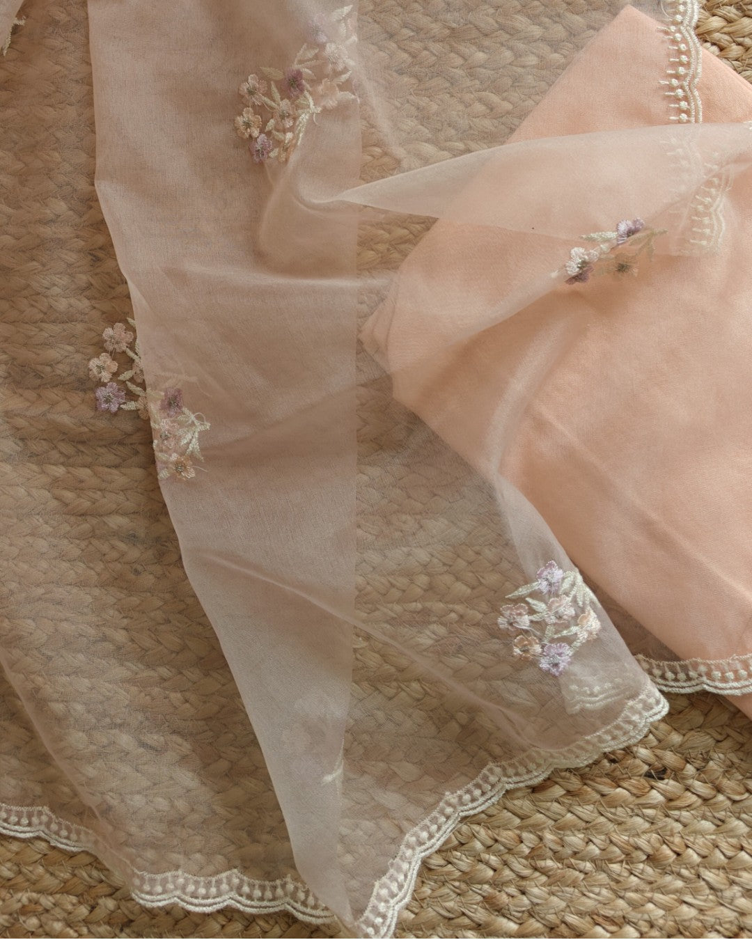 Peachy Pink Parsi Embroidery Pure Organza unstitched suit