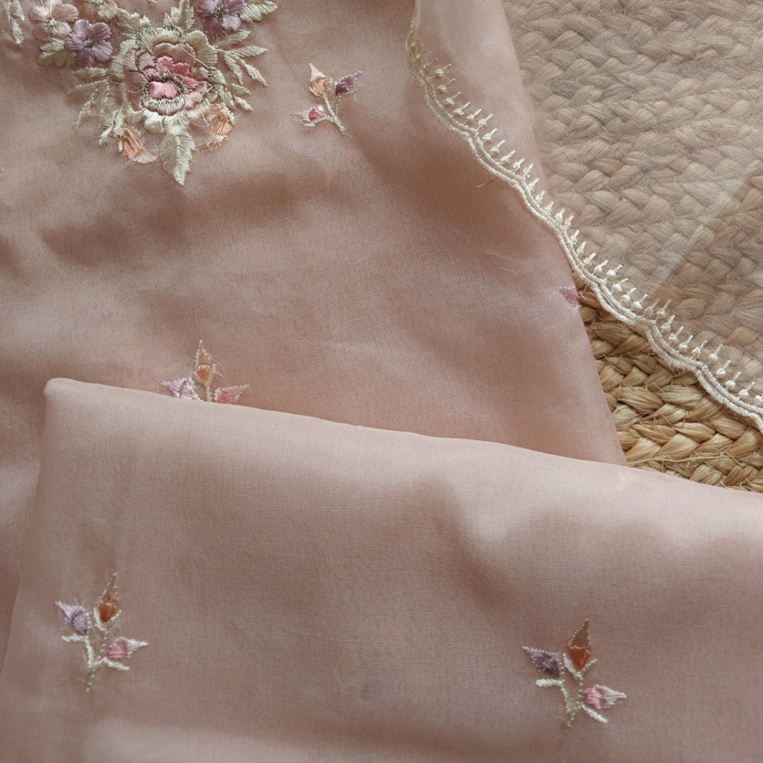 Peachy Pink Parsi Embroidery Pure Organza unstitched suit