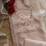 Peachy Pink Parsi Embroidery Pure Organza unstitched suit