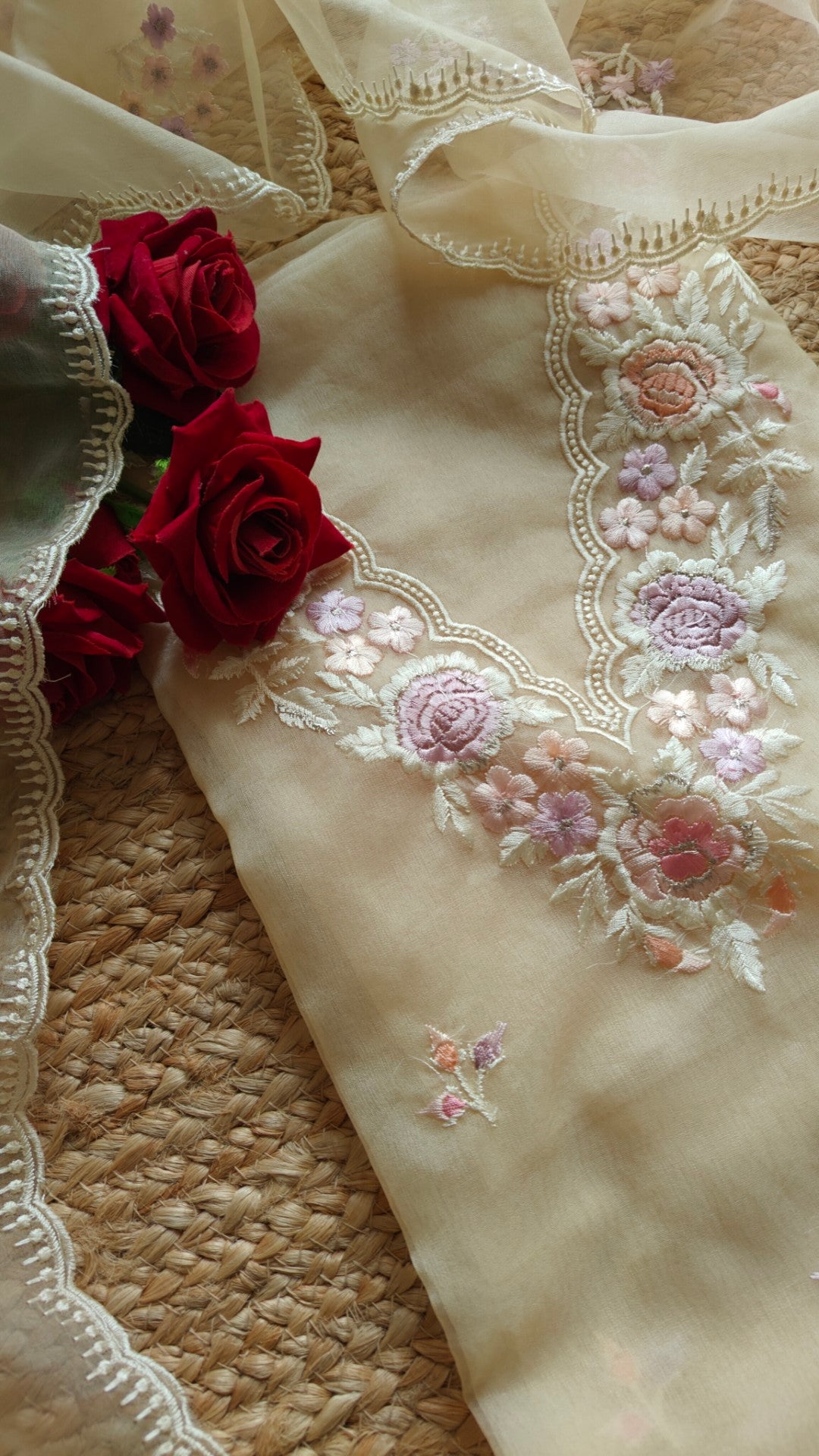 Beige V neck Parsi Embroidery Pure Organza unstitched suit