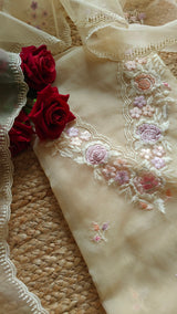 Beige V neck Parsi Embroidery Pure Organza unstitched suit