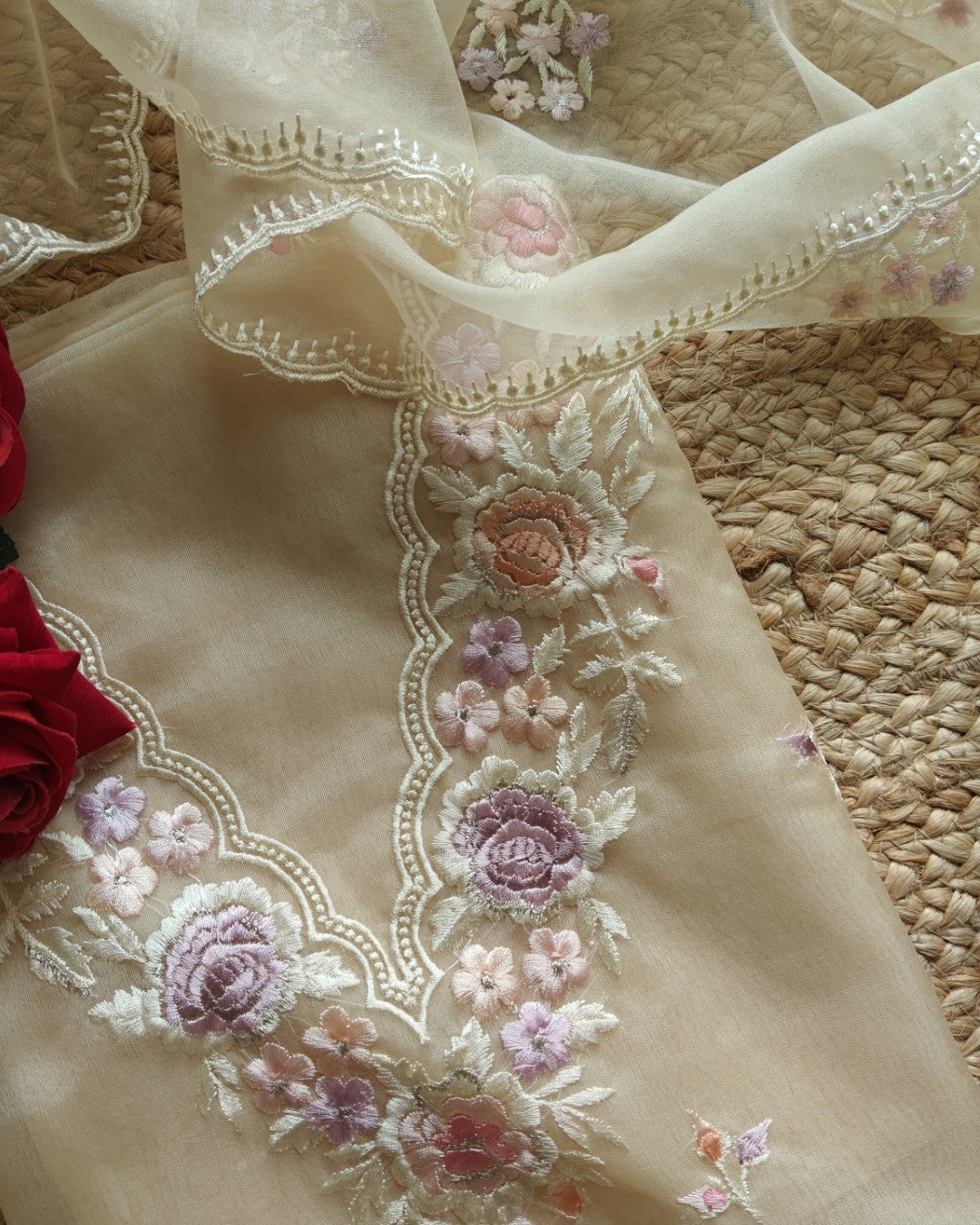 Beige V neck Parsi Embroidery Pure Organza unstitched suit