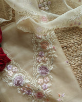 Beige V neck Parsi Embroidery Pure Organza unstitched suit