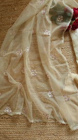 Beige V neck Parsi Embroidery Pure Organza unstitched suit