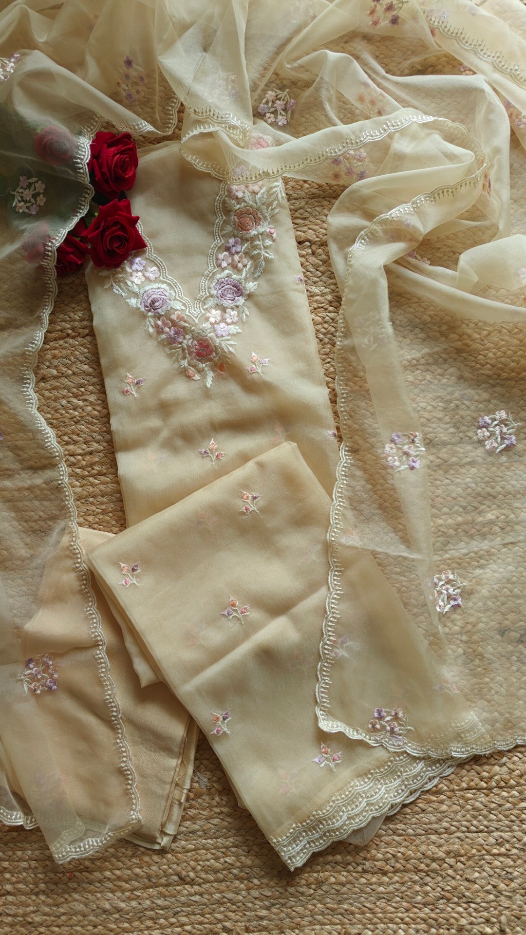 Beige V neck Parsi Embroidery Pure Organza unstitched suit