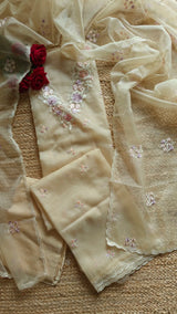 Beige V neck Parsi Embroidery Pure Organza unstitched suit