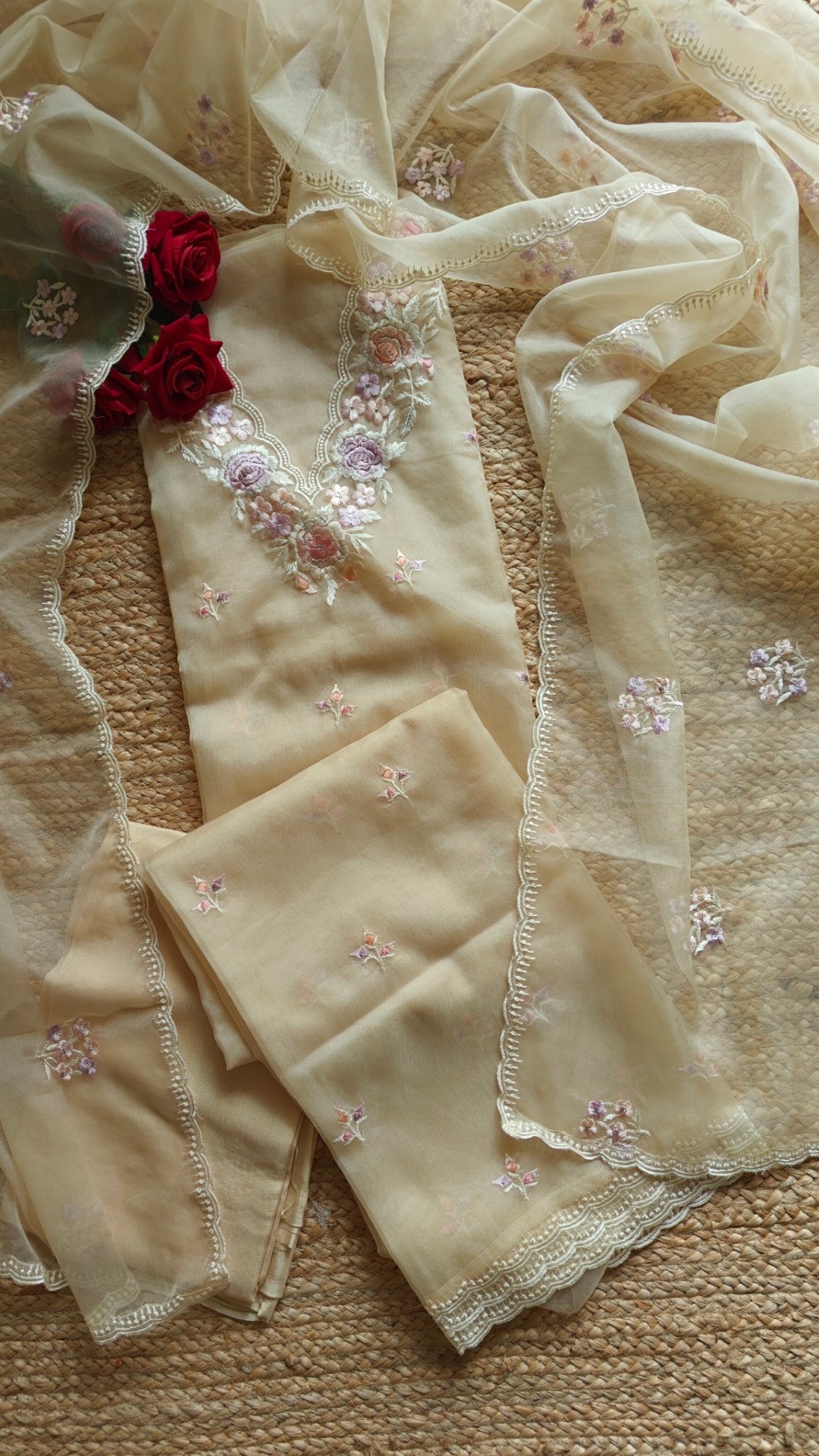 Beige V neck Parsi Embroidery Pure Organza unstitched suit