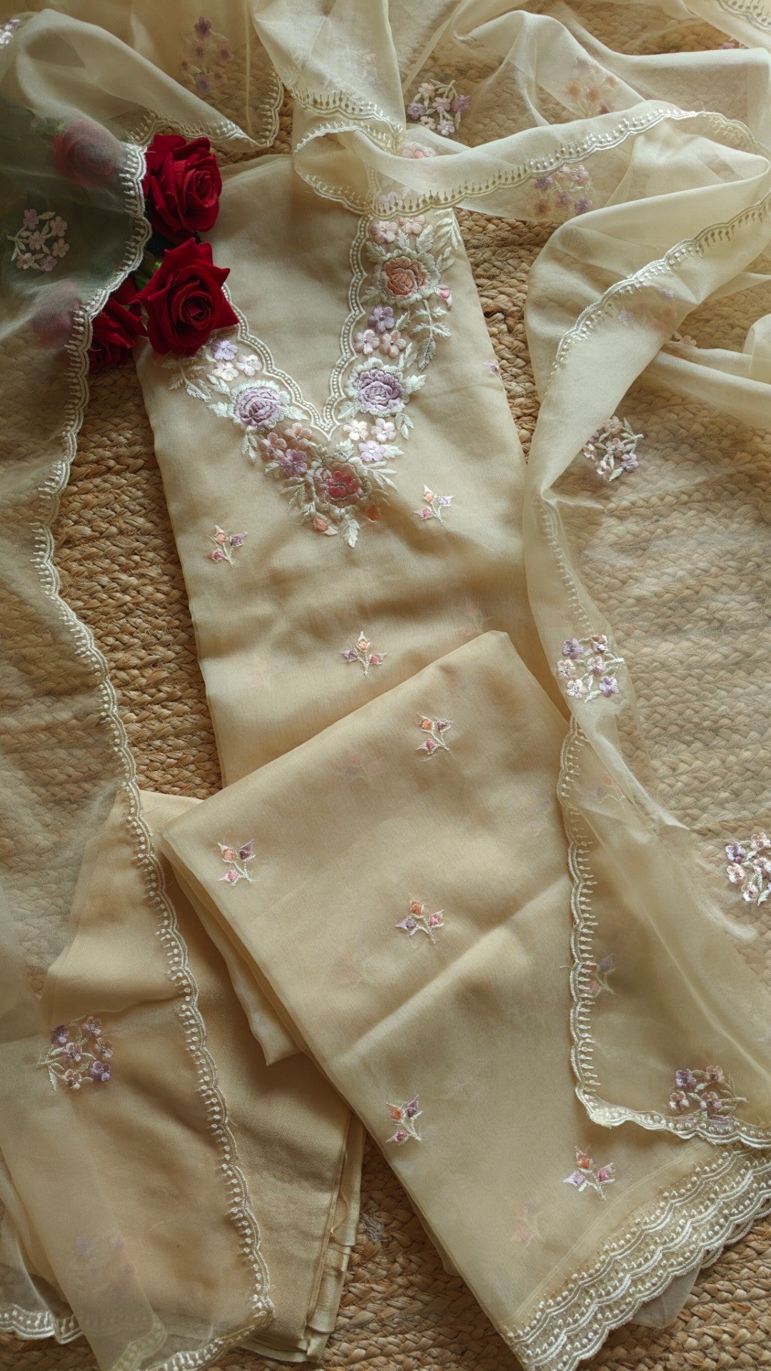 Beige V neck Parsi Embroidery Pure Organza unstitched suit