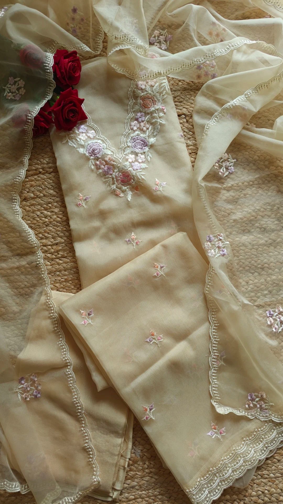 Beige V neck Parsi Embroidery Pure Organza unstitched suit