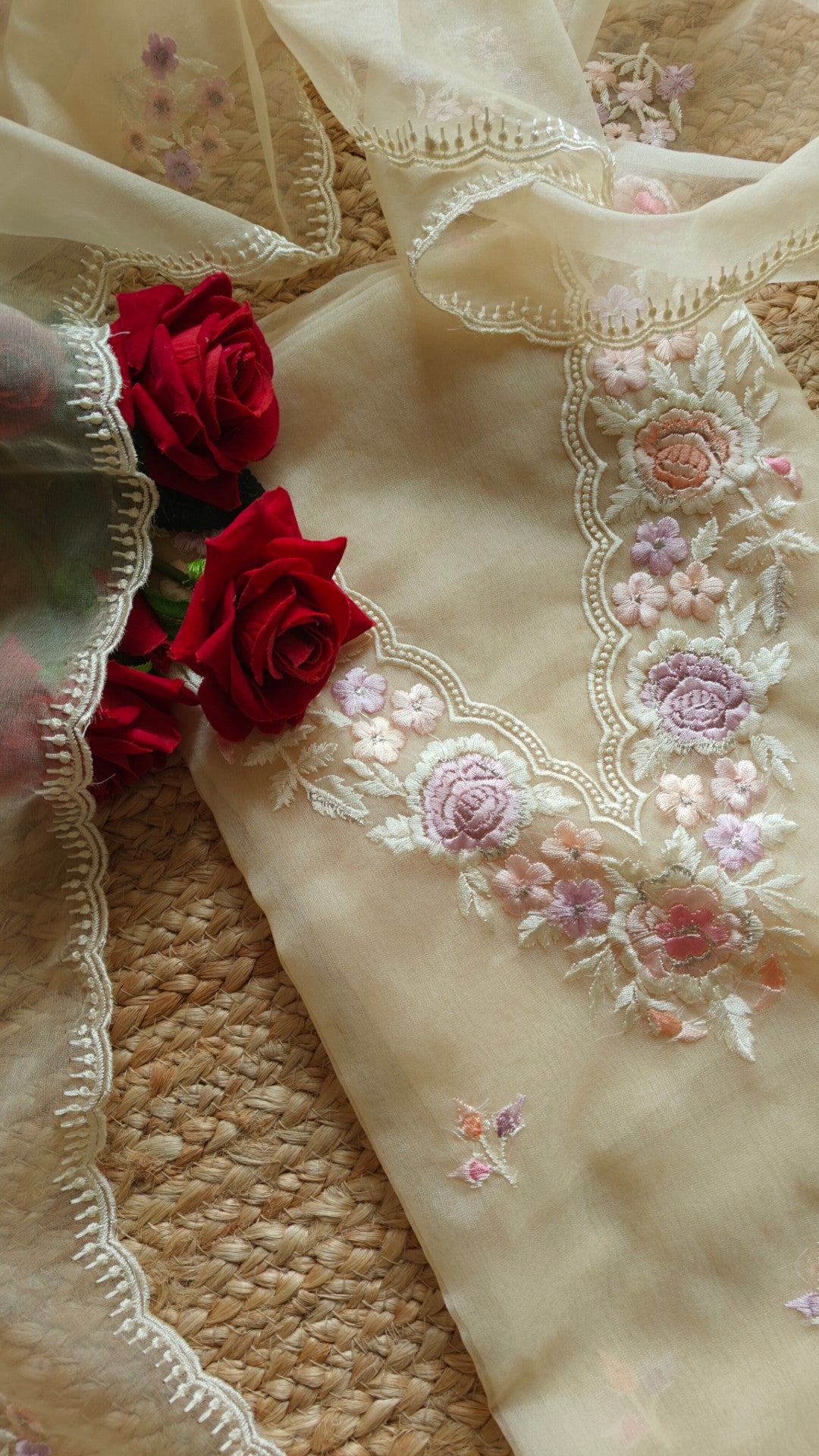 Beige V neck Parsi Embroidery Pure Organza unstitched suit