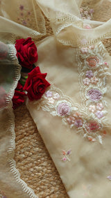 Beige V neck Parsi Embroidery Pure Organza unstitched suit