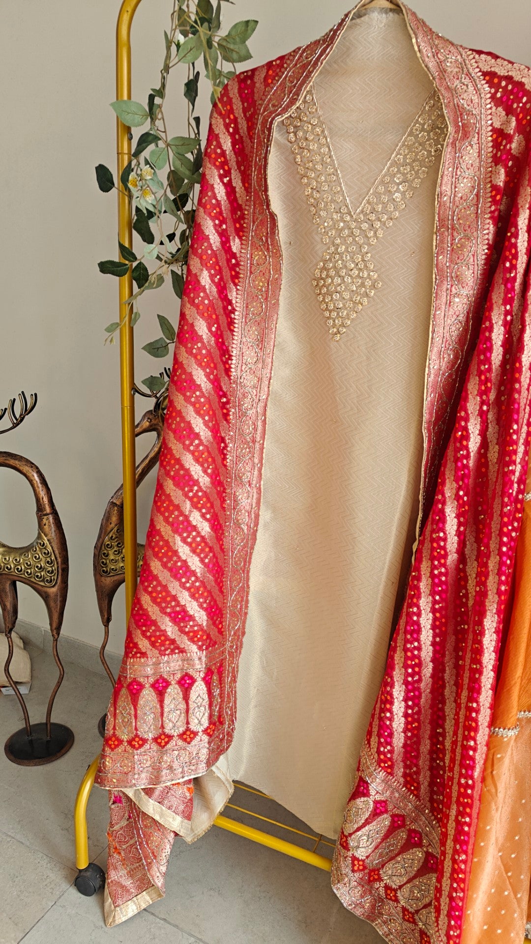 Partywear Gold kurta with Red dupatta unstitched suit set