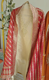 Partywear Gold kurta with Red dupatta unstitched suit set