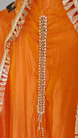 Orange Designer Partywear shimmer tissue unstitched suit.