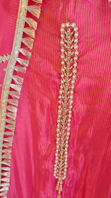 Pink Designer Partywear shimmer tissue unstitched suit.
