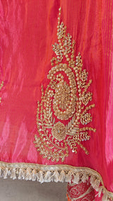 Pink Designer Partywear shimmer tissue unstitched suit.