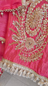 Pink Designer Partywear shimmer tissue unstitched suit.