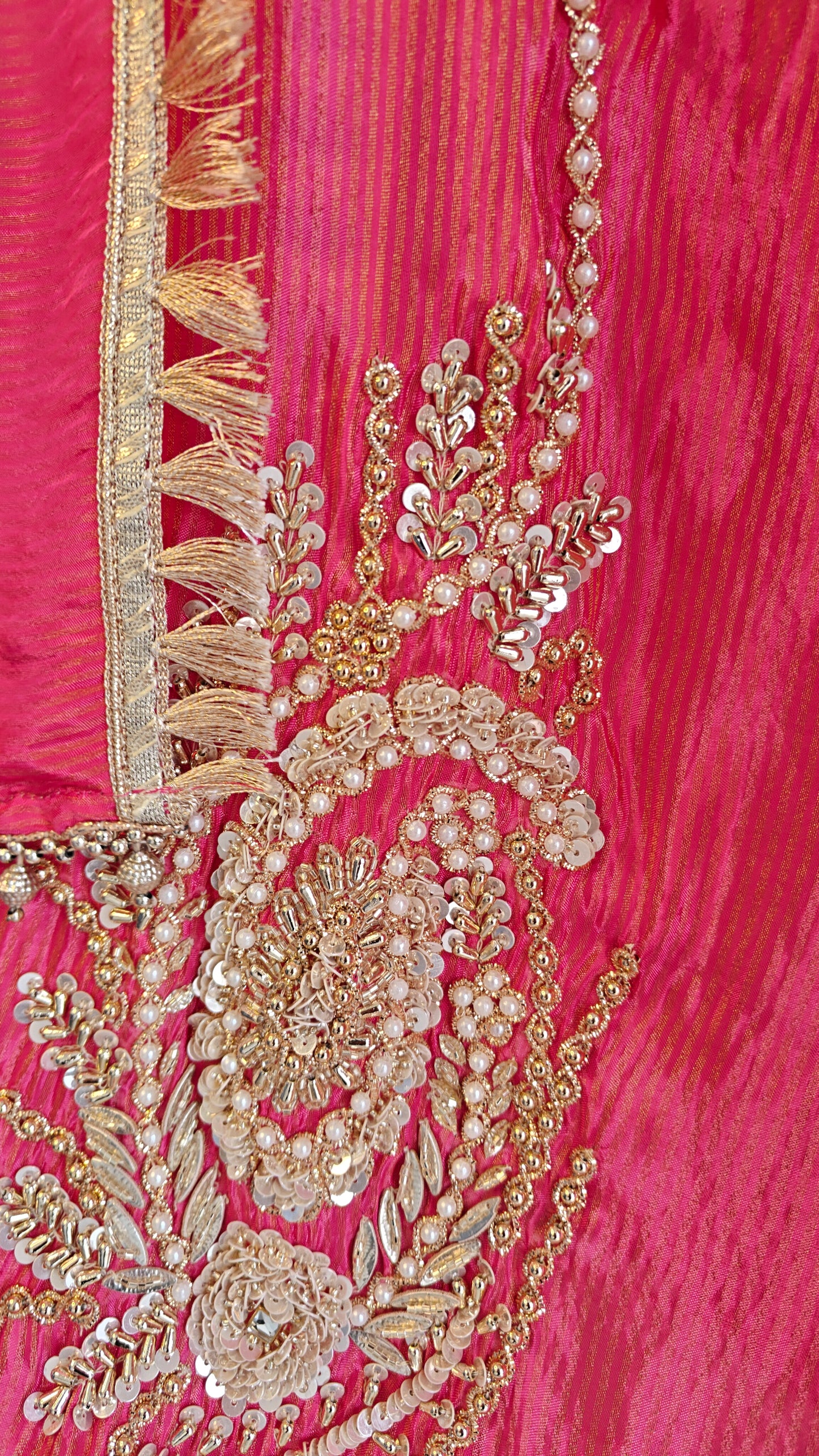 Pink Designer Partywear shimmer tissue unstitched suit.