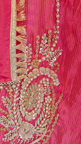 Pink Designer Partywear shimmer tissue unstitched suit.