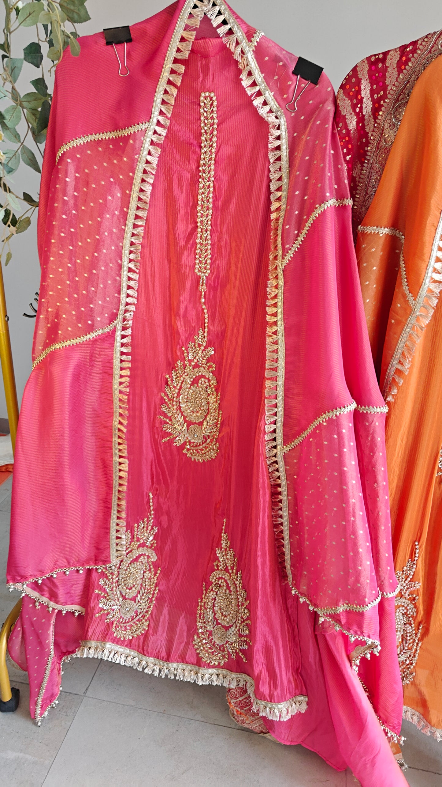 Pink Designer Partywear shimmer tissue unstitched suit.