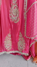 Pink Designer Partywear shimmer tissue unstitched suit.