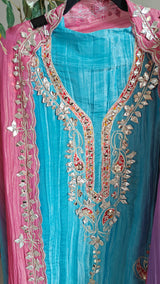 Gotta patti Ombre Blue Pink Designer Partywear embroidery unstitched suit