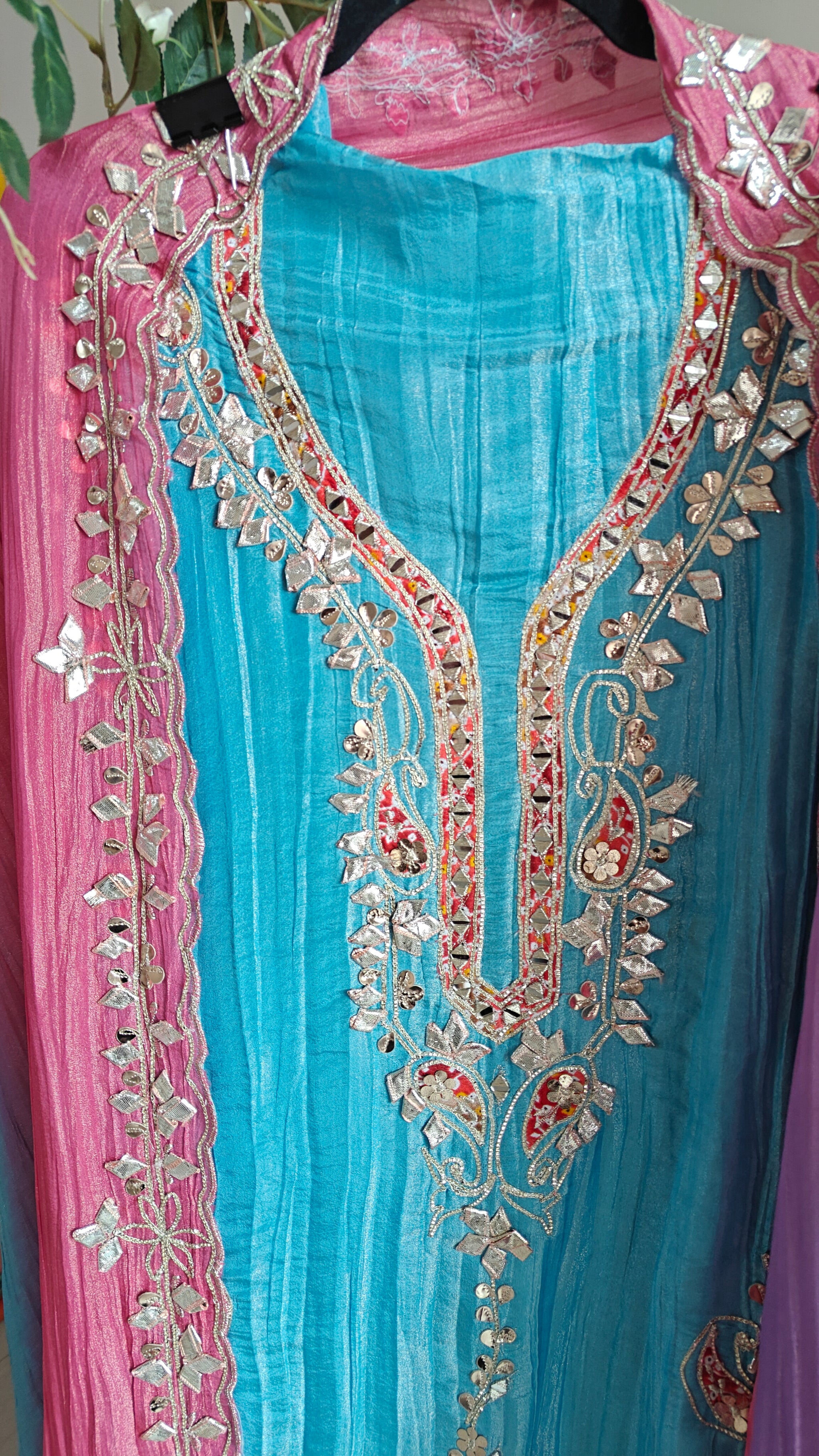 Gotta patti Ombre Blue Pink Designer Partywear embroidery unstitched suit