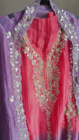 Gotta patti Ombre Purple Pink Designer Partywear embroidery unstitched suit