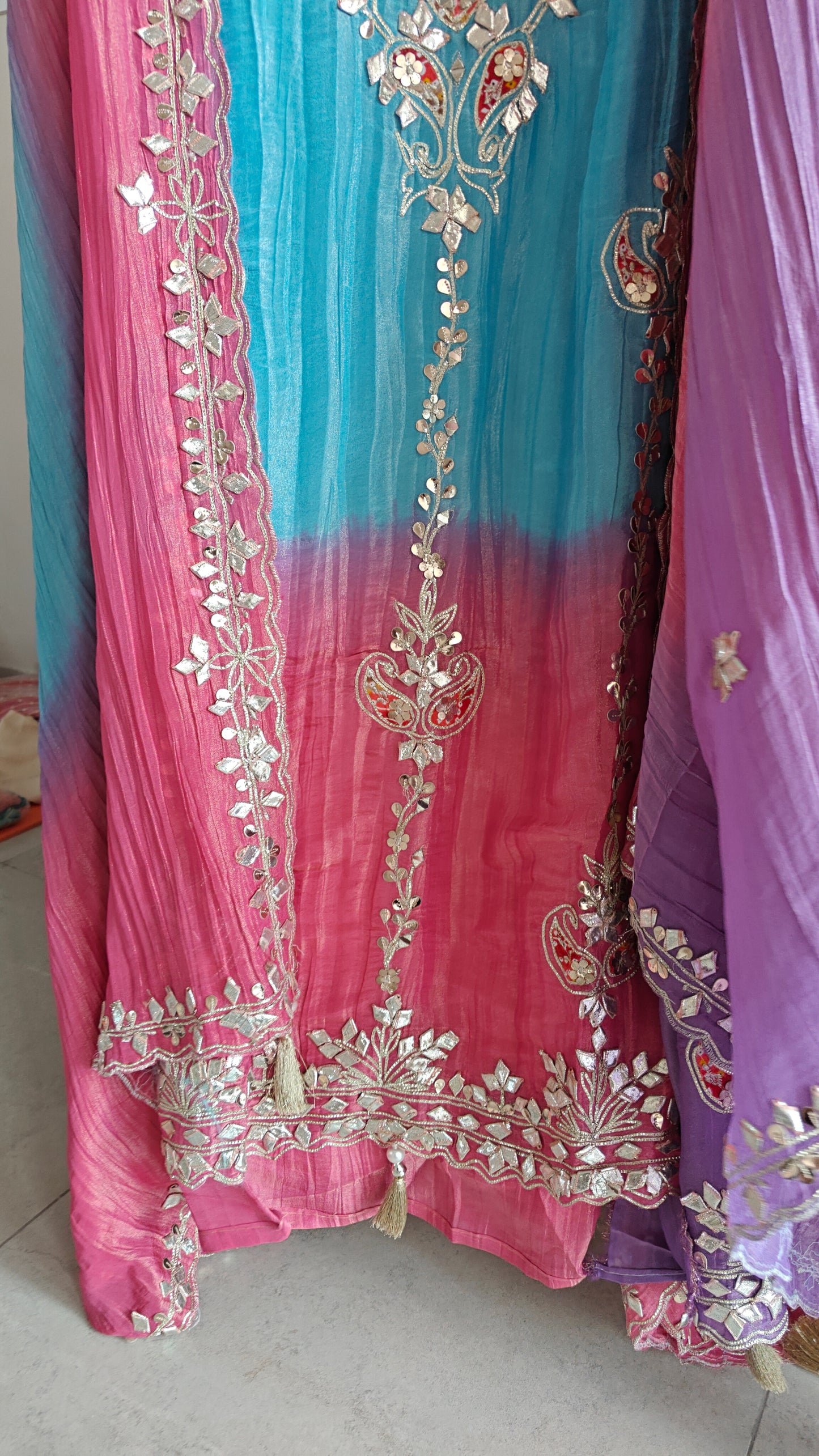 Gotta patti Ombre Blue Pink Designer Partywear embroidery unstitched suit