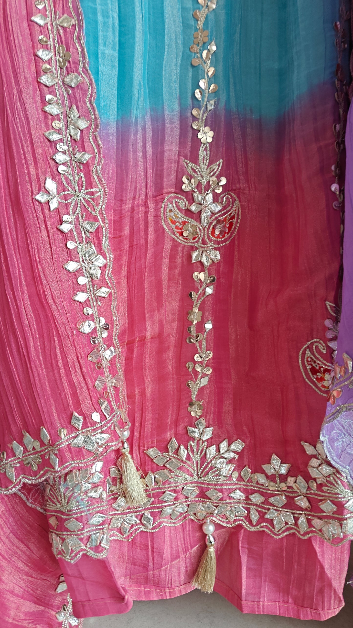 Gotta patti Ombre Blue Pink Designer Partywear embroidery unstitched suit