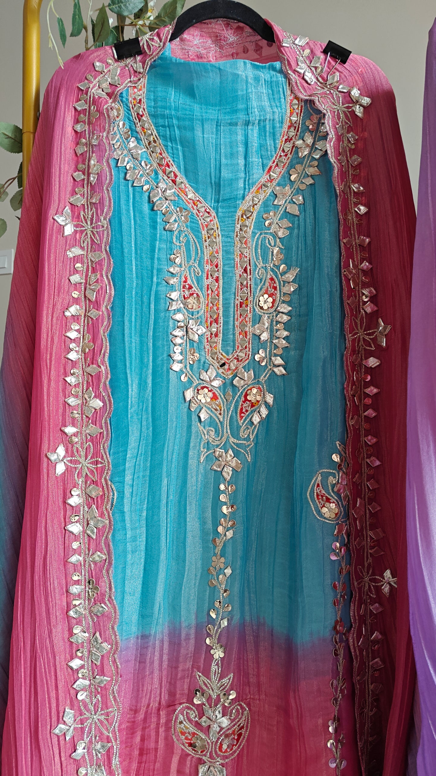 Gotta patti Ombre Blue Pink Designer Partywear embroidery unstitched suit