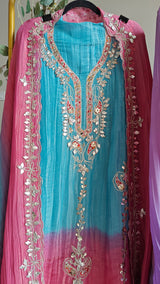 Gotta patti Ombre Blue Pink Designer Partywear embroidery unstitched suit
