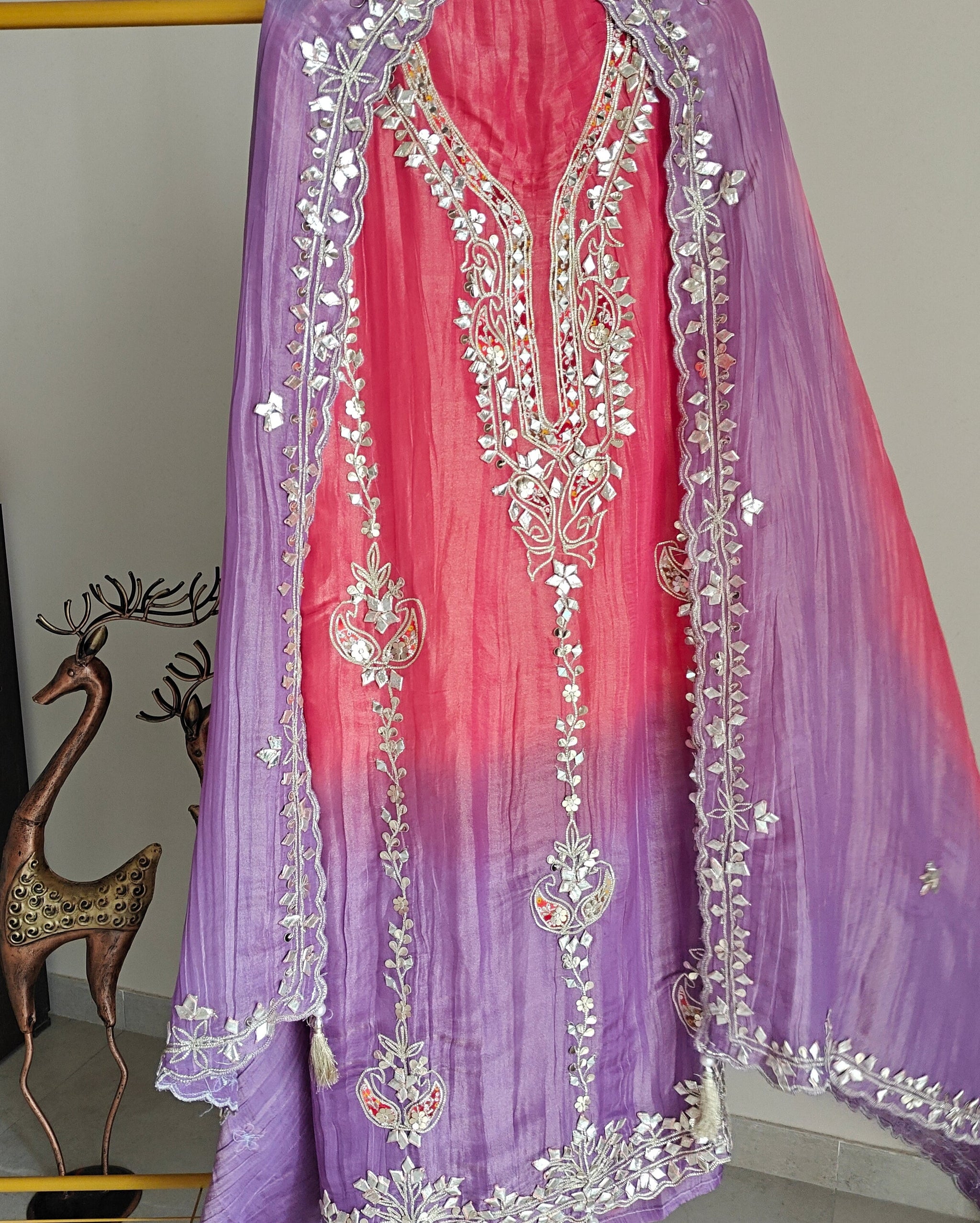 Gotta patti Ombre Purple Pink Designer Partywear embroidery unstitched suit