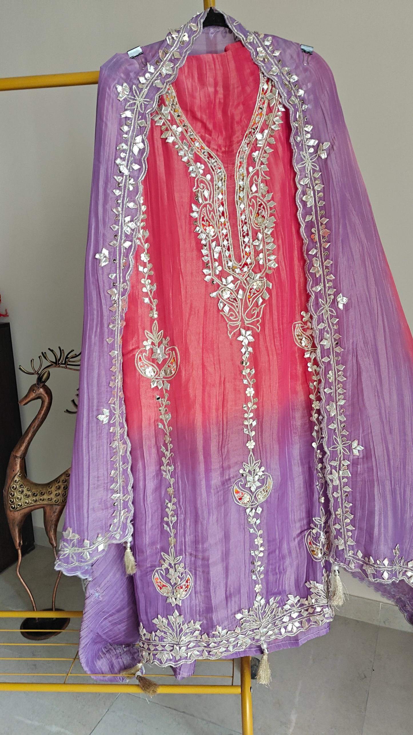 Gotta patti Ombre Purple Pink Designer Partywear embroidery unstitched suit