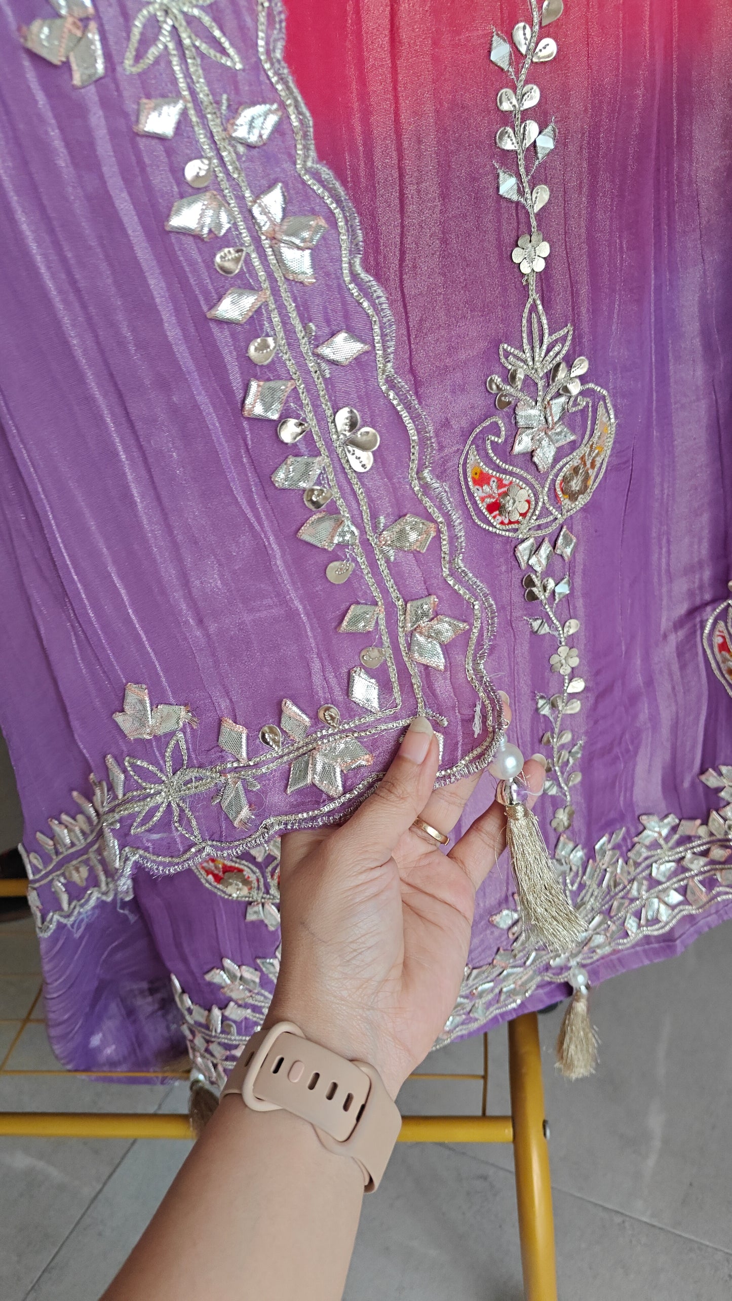 Gotta patti Ombre Purple Pink Designer Partywear embroidery unstitched suit